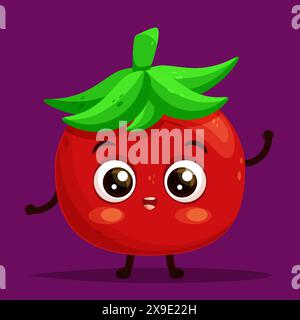 Cartoon character red happy tomato standing and waving hand, excited smiling expression, saying hello, flat vector illustration. Stock Vector