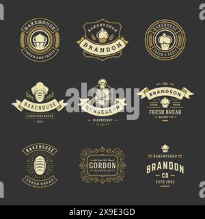 Bakery logos and badges design templates set vector illustration. Good for bakehouse and cafe emblems. Retro typography elements and silhouettes. Stock Vector