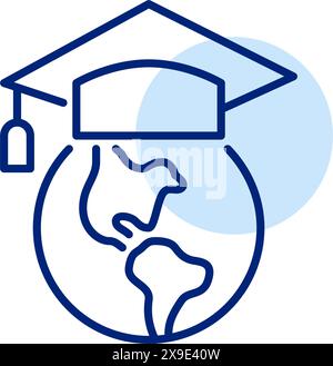 Earth with graduate cap on it. Mortarboard in tassel. Global online learning and universal diploma. Pixel perfect, editable stroke vector icon Stock Vector