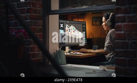 View From Outside The Window in the Apartment: Female Footwear Designer Creating and Rendering 3d Model of Shoe and Working on Desktop Computer. Shoe Production Procedure Concept. Stock Photo