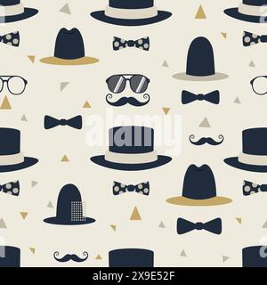 seamless pattern of bowler hat, top hat, mustache, bow tie, round glasses on a light beige background for Father's Day decorate, vintage theme Stock Vector