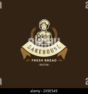 Bakery badge or label retro vector illustration. Baker woman holding basket with bread silhouette for bakehouse. Vintage typographic logo design. Stock Vector