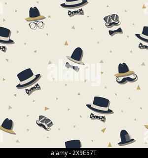seamless pattern of bowler hat, top hat, mustache, bow tie, round glasses on a light beige background for Father's Day decorate, vintage theme Stock Vector