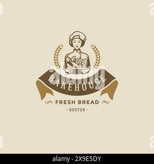 Bakery badge or label retro vector illustration. Baker woman holding basket with bread silhouette for bakehouse. Vintage typographic logo design. Stock Vector