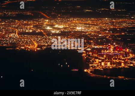 View of Doha at night from an airplane Stock Photo