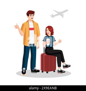 Young couple with suitcase showing thumbs up at the airport. Travelling concept. Vector illustration Stock Vector