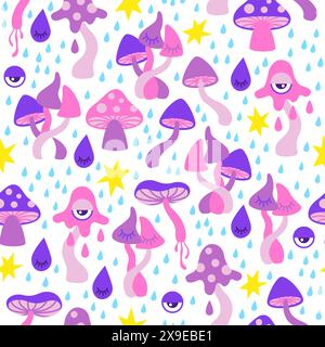 Hand drawn vector seamless pattern of neon amanita. Stylized mushrooms in neon pink and purple colors on a white background Stock Vector