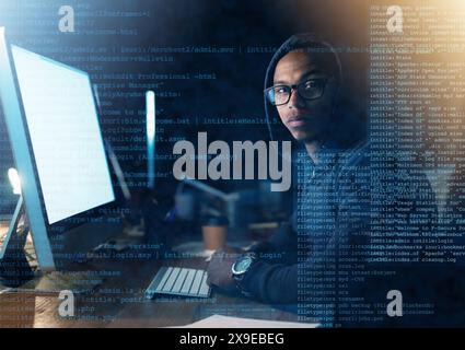 Portrait, overlay and man hacking computer with coding for cybercrime, software development and dark office. Web, monitor space and hacker guy with Stock Photo