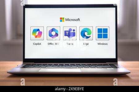 Microsoft products like Copilot, Office and Windows displayed on Laptop Stock Photo