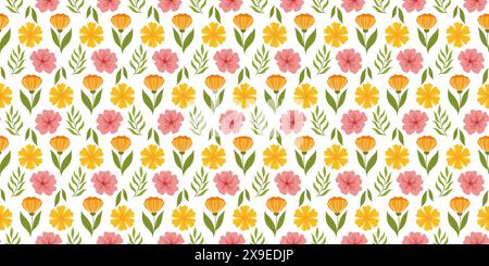 Continuous pattern featuring floral elements. Botanical-inspired repetitive fabric or wallpaper design with orange flower on stem with leaf, yellow flower, cherry blossom, and leaves. Stock Vector