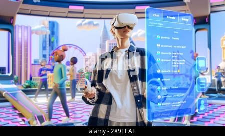 Young Creative Female Wearing a Virtual Reality Headset at Home. Woman Enters Digital Internet 3D Universe with Avatars. Next Generation Immersive Social Media Online Metaverse Platform. Stock Photo