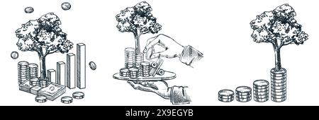 Set of hand drawn sketch investment illustrations. Investing, saving money and finance growth business concept. Human hand holding tray with tree grow Stock Vector