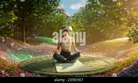 Young Athletic Woman Wearing VR Headset, Practising Meditation in Futuristic Way. Her Consciousness is Transformed into Beautiful and Peaceful Forest. Wellbeing and Mindfulness Concept. Stock Photo