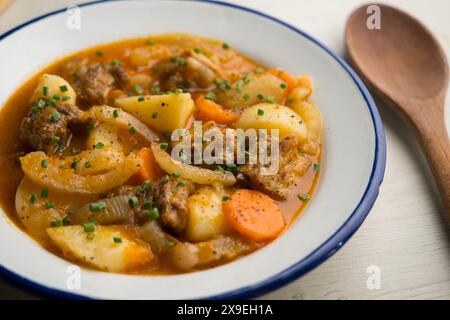 Stew with pork ribs, potatoes and fennel. Traditional Spanish gastronomy recipe. Stock Photo