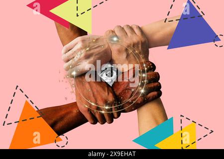 Collage of black and white hands holding each other's wrists with an eye in the middle on a pink background with colored triangles Stock Photo