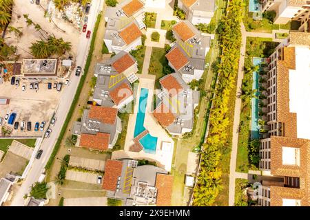 Luxurious design of tropical complex with pools and buildings. Punta ...