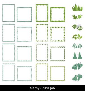 Colorful simple leaves empty frames collection. Decoration elements for childish design. Doodle garden herbs vector botanical outline borders set. Vec Stock Vector