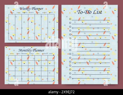 Business organizer blue paper sheets. Planners and to-do list springtime worksheet template set. Blank printable goal setting sheets. Scheduling pages Stock Vector