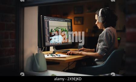 Female Video Game Designer Works on a New 3D Level on Personal Computer. Focused Woman Creating Metaverse and Design Video Game. Shot Into the Apartment Window Late at Night. Stock Photo