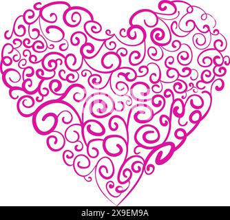 Valentine’s Day gritting card with folk art isolated illustration pink heart and spiral pattern drawing in handwriting style Stock Vector