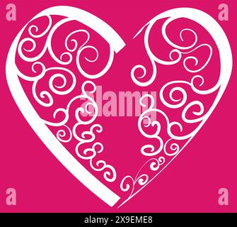 Valentine’s Day gritting card with folk art illustration heart and spiral pattern drawing in handwriting style cutout on background Stock Vector