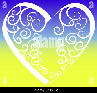 Folk art illustration heart in gradient Ukrainian flag colors with spiral pattern drawing in handwriting style cutout on background Stock Vector
