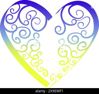 Folk art illustration heart in gradient Ukrainian flag colors with spiral pattern isolated drawing in handwriting style Stock Vector