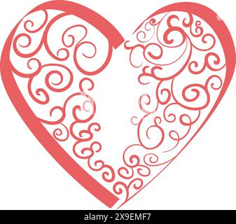 Valentine’s Day gritting card with folk art illustration heart and spiral pattern drawing in handwriting style on transparent background Stock Vector