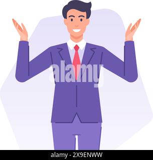 Smiling business man with hands up idea welcome greeting banner design template vector flat illustration. Stylish businessman in suit tie innovation s Stock Vector