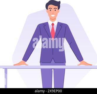 Business man standing at table corporate presentation banner design template vector flat illustration. Smiling cartoon businessman in suit near desk l Stock Vector
