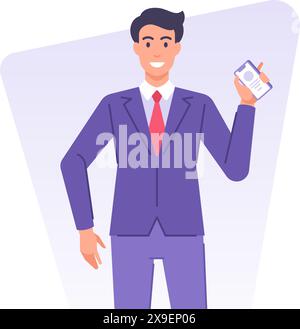Modern business man showing mobile phone social media marketing banner design template vector flat illustration. Cartoon businessman with smartphone c Stock Vector