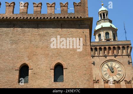 Piazza Maggiore is the heart of Bologna with the marbles of the basilica of San Petronio, Palazzo d'Accursio, Palazzo  Podestà, the Neptune fountain Stock Photo