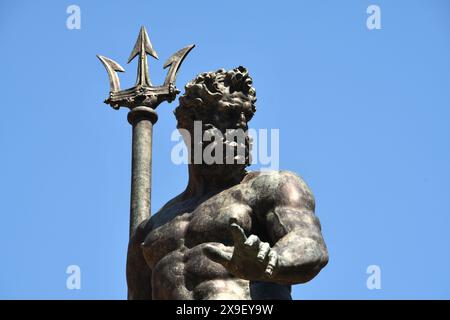 Piazza Maggiore is the heart of Bologna with the marbles of the basilica of San Petronio, Palazzo d'Accursio, Palazzo  Podestà, the Neptune fountain Stock Photo