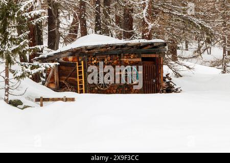 old wood shed covered in snow Stock Photo