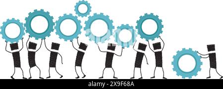 Illustration of a large group of stick figures lifting gears above their heads. Working together, they achieve success. Stock Vector