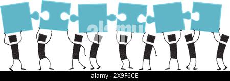 Illustration of a group of people lifting puzzle pieces above their heads. A metaphor of teamwork. Stock Vector