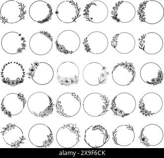 Set of flowers circle frames for design element for logo, stamp design, invitation, entraving and so on. Vector illustration botanical including blueb Stock Vector