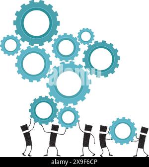 Several stick figures holding gears above their heads. The best work is done among all. Stock Vector