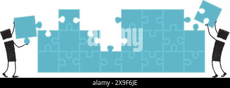 Two stick figures completing a puzzle. Stock Vector