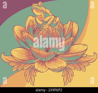 vector illustration of frog sits on a water lily flower Stock Vector