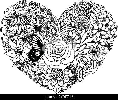 Various flowers in heart shape, for paper cut, laser cut, card making, coloring page and so on. Vector illustration Stock Vector