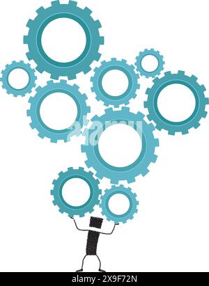A stick figure holding on his head a lot of gear. Stock Vector
