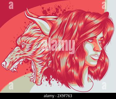 vector illustration of sugar skull woman with wolf Stock Vector