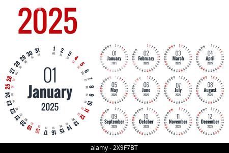 Calendar circle, spiral, planner for 2025. Vector Stationery Design Print 2025 Template with Place for Photo, Your Logo and Text. calendar design 2025 Stock Vector