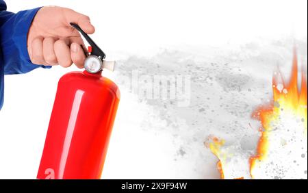 Man using fire extinguisher against flame on white background, closeup Stock Photo