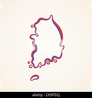 Outline map of South Korea marked with ribbon in colors from the flag. Stock Vector