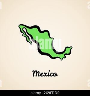 Green simplified map of Mexico with black outline. Stock Vector