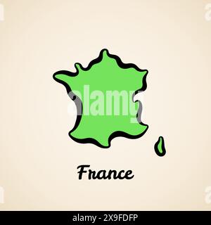 Green simplified map of France with black outline. Stock Vector