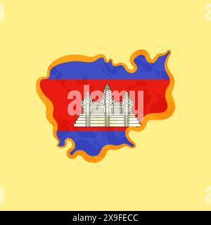 Map of Cambodia colored with Cambodian flag and marked with golden line in grunge vintage style. Stock Vector
