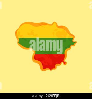 Map of Lithuania colored with Lithuanian flag and marked with golden line in grunge vintage style. Stock Vector